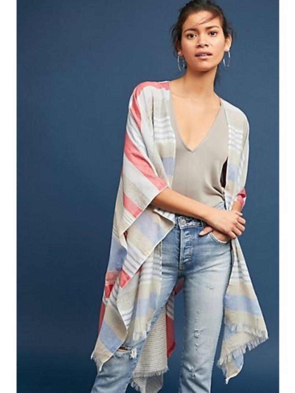 Anthropologie Striped Kimono Lightweight Fringe Hem Metallic Detail